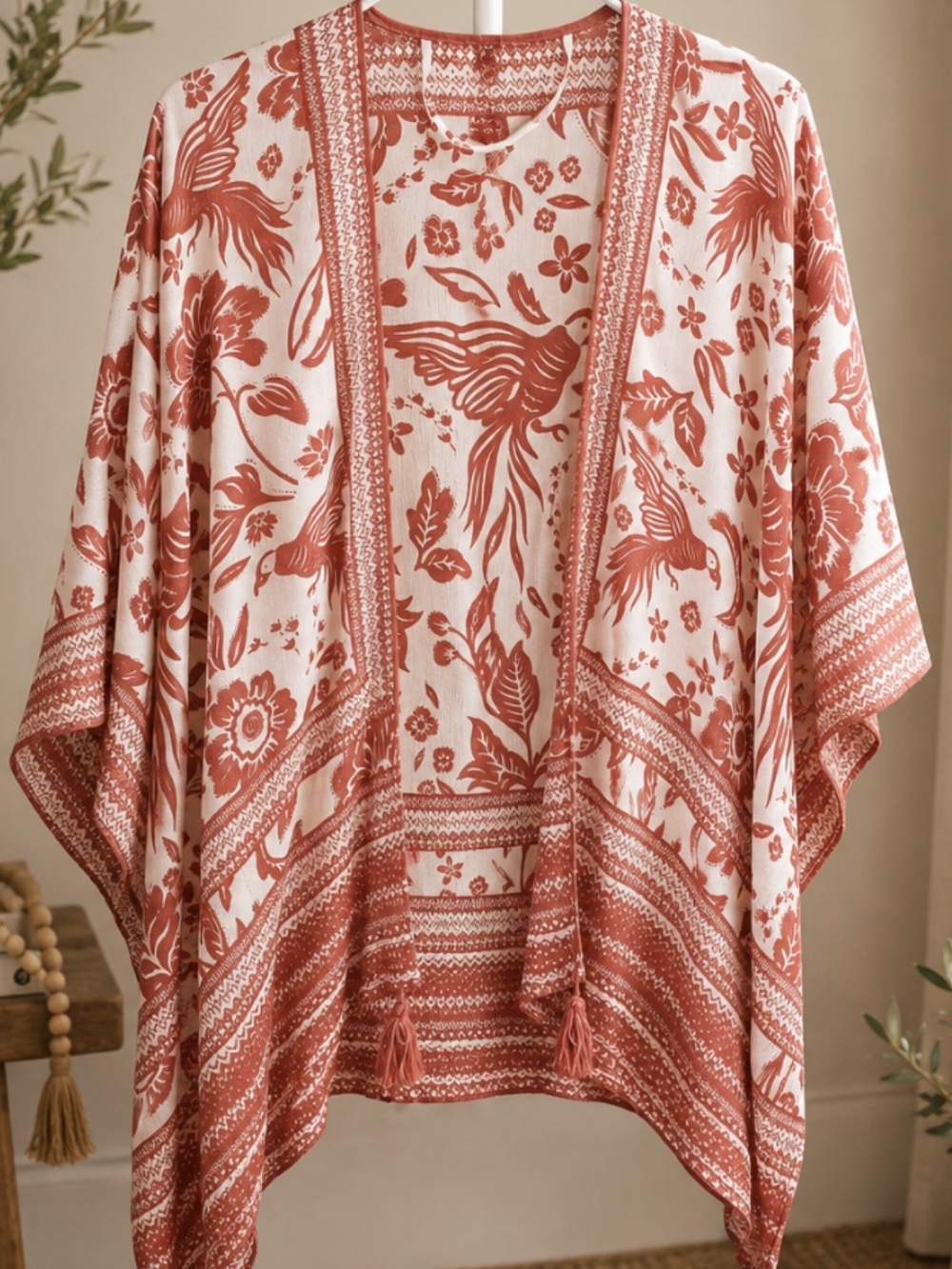 Vince Camuto Boho Bird Print Tassel Kimono | Coral & Ivory Open Front Cover Up - Picture 4 of 8